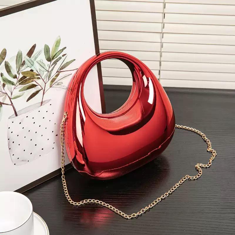 Glossy Red Metallic Handbag with Gold Chain